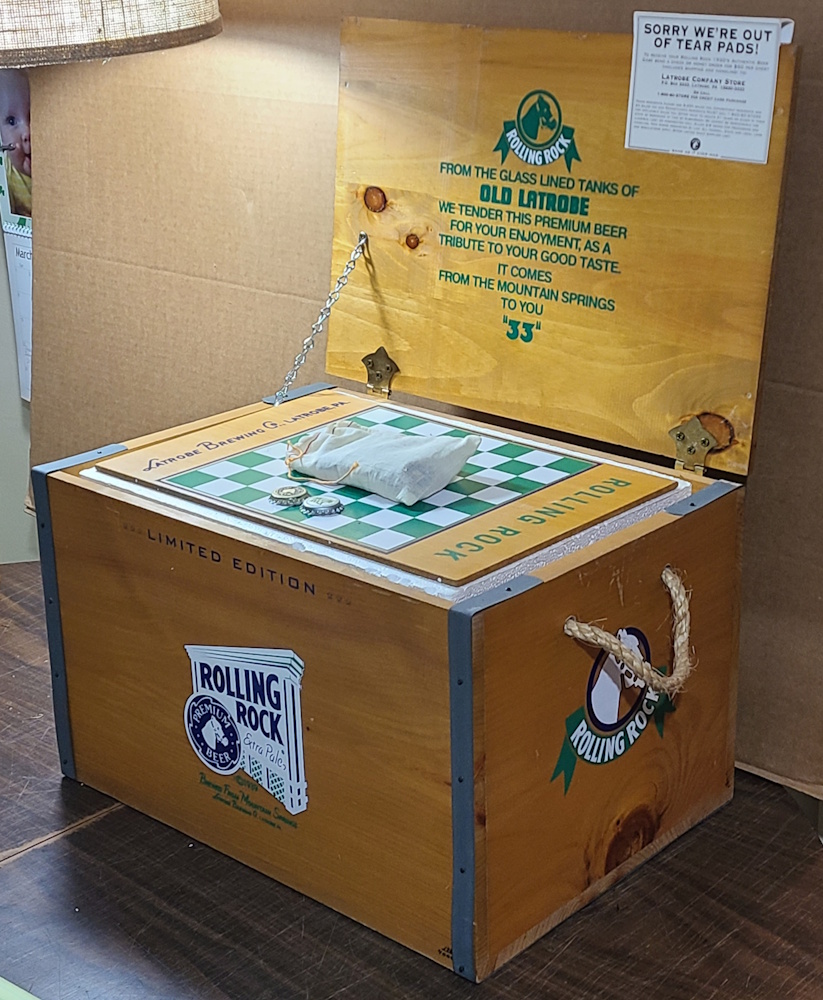 Rolling Rock Beer Case Crate Checkerboard Cooler [object object] Home rollingrockcoolerwooddisplayboxopen